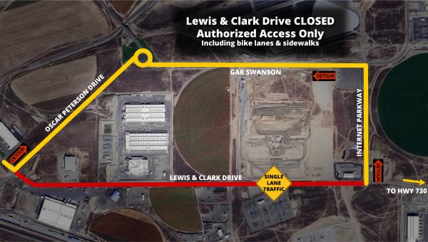 Map of project area and detour at Lewis and Clark Drive.