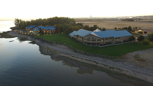 Aerial view of the Riverfront Center and the Riverlodge + Cabins