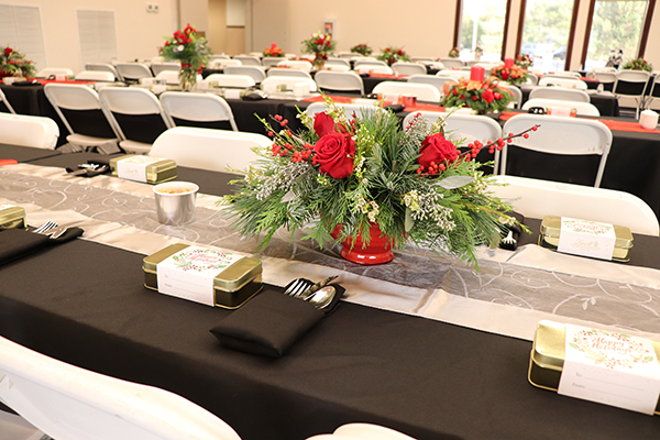 Decorated tables in the Riverfront Room