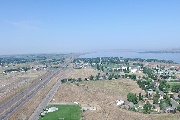 Aerial view of the City of Boardman looking west with the Columbia River in the background