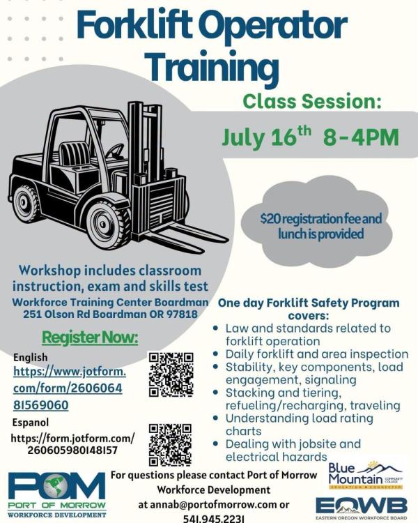 Forklift Training, July 16 from 8 AM to 4 PM