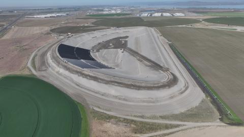 A drone photo showing one of two storage lagoons under construction by the Port of Morrow near HWY 730 in Morrow County.